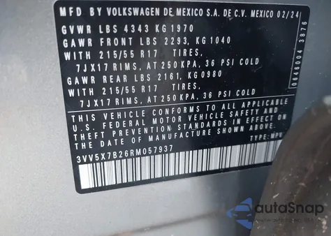 2024 Volkswagen Taos 1.5T S z USA, uszkodzony, nr VIN 3VV5X7B26RM057937